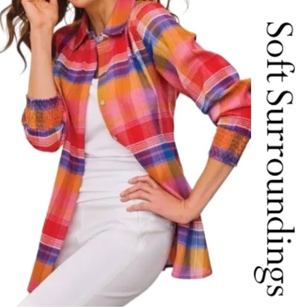 Soft Surroundings Sansone Pink Multi Plaid Crinkle Botton Down Long Sleeve Top